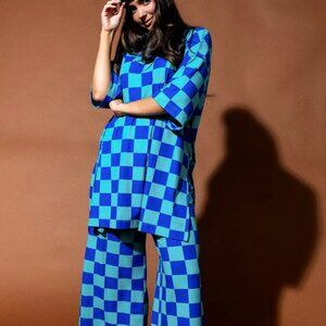 DISO 3X Dressed in LALA Lex Ribbed Playsuit in Mermeg Blue Checkerboard